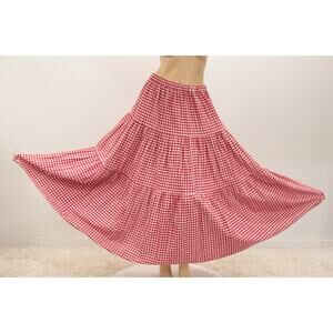 Vtg Cactus Flower Maxi Skirt One Size Red White Gingham Plaid Western Boho Dance